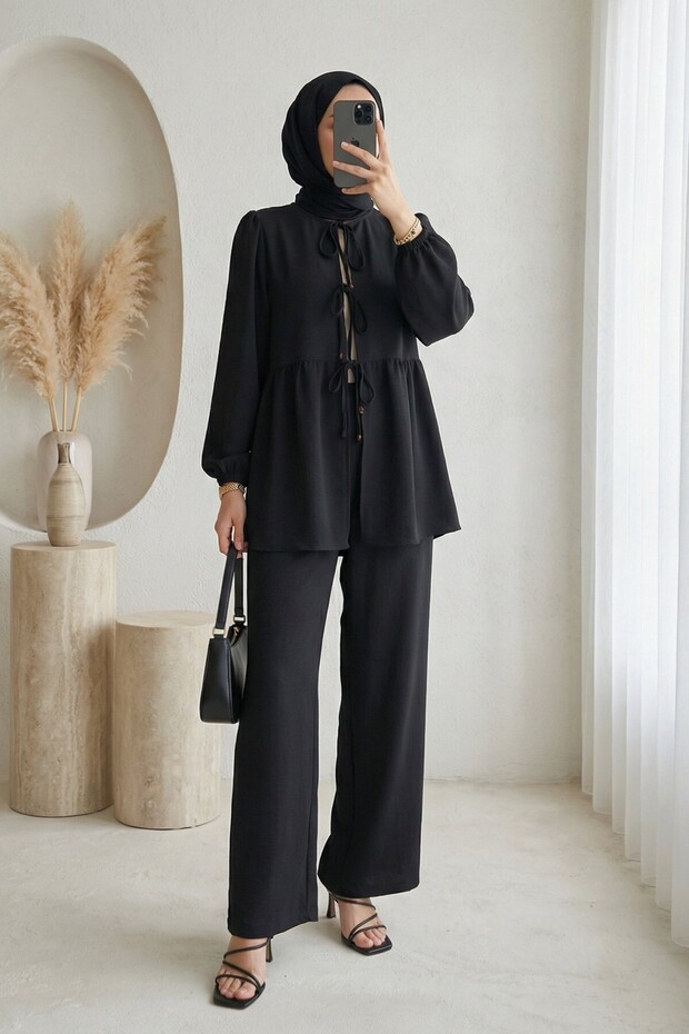 Women's Lace-Up Front Tunic Pants Double Set 6744 - Black