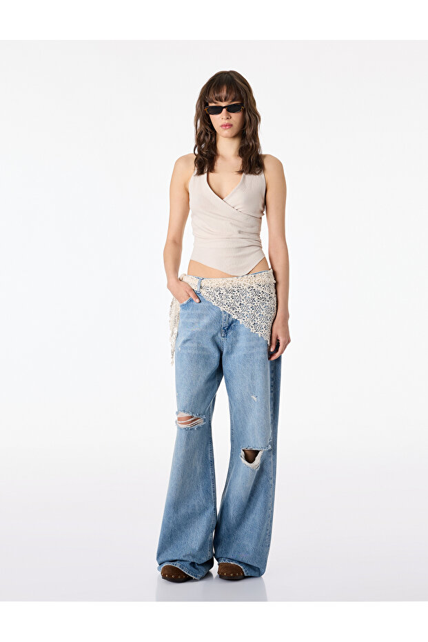 Distressed Slim Fit Lace Belt Detailed Spanish Flare Denim Trousers - Flare Jeans