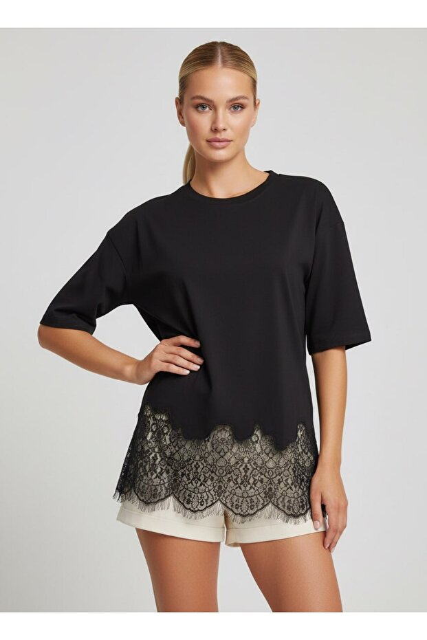 Women's Crew Neck Skirt Lace Detail Combed Cotton Tunic 13005