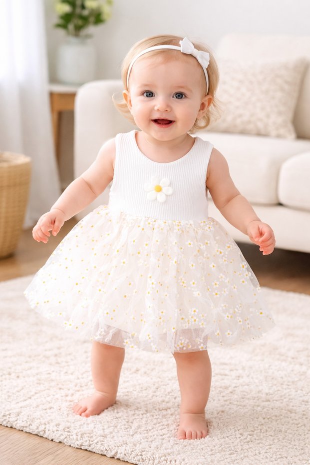 Daisy Detailed Zigzag Tulle Snap Fastener Baby Bodysuit Dress (100% Cotton)