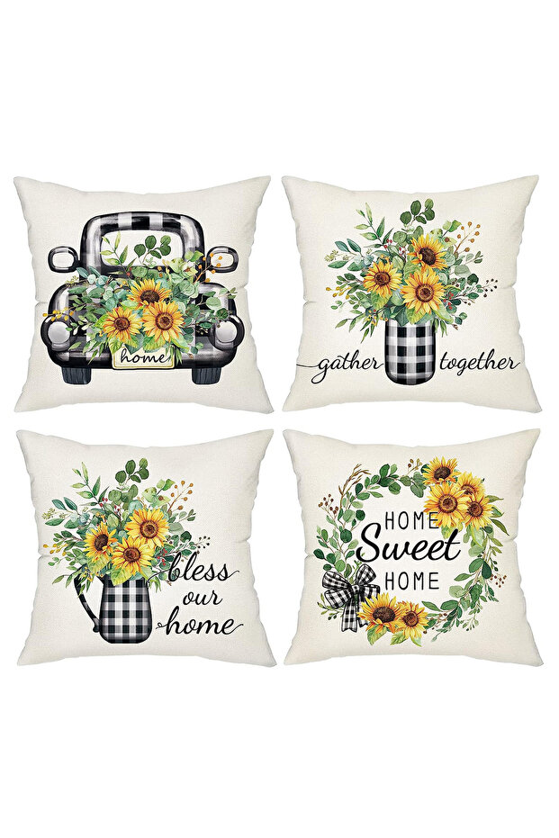Sunflower Patterned Set of 4 Throw Pillow Covers Home Sweet Home Written Decorative Pillow