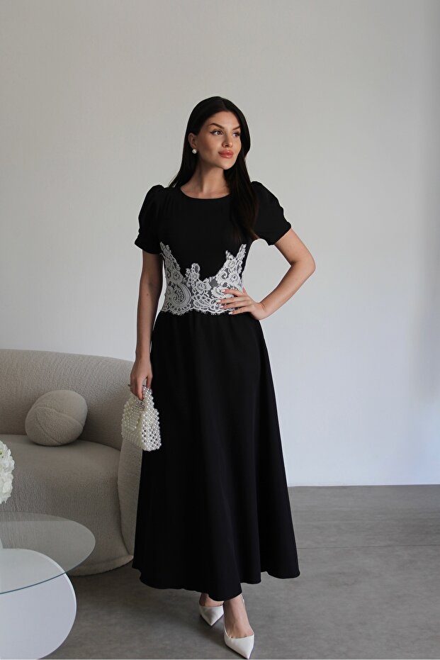 Lace Detailed Premium Midi Length Black Dress