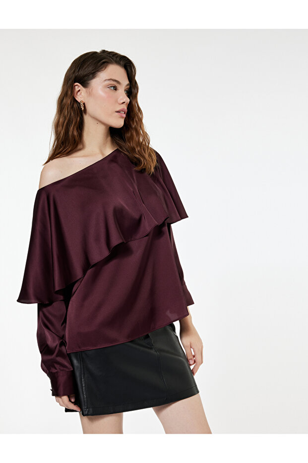 Long Sleeve Boat Neck Asymmetrical Cut Satin Blouse