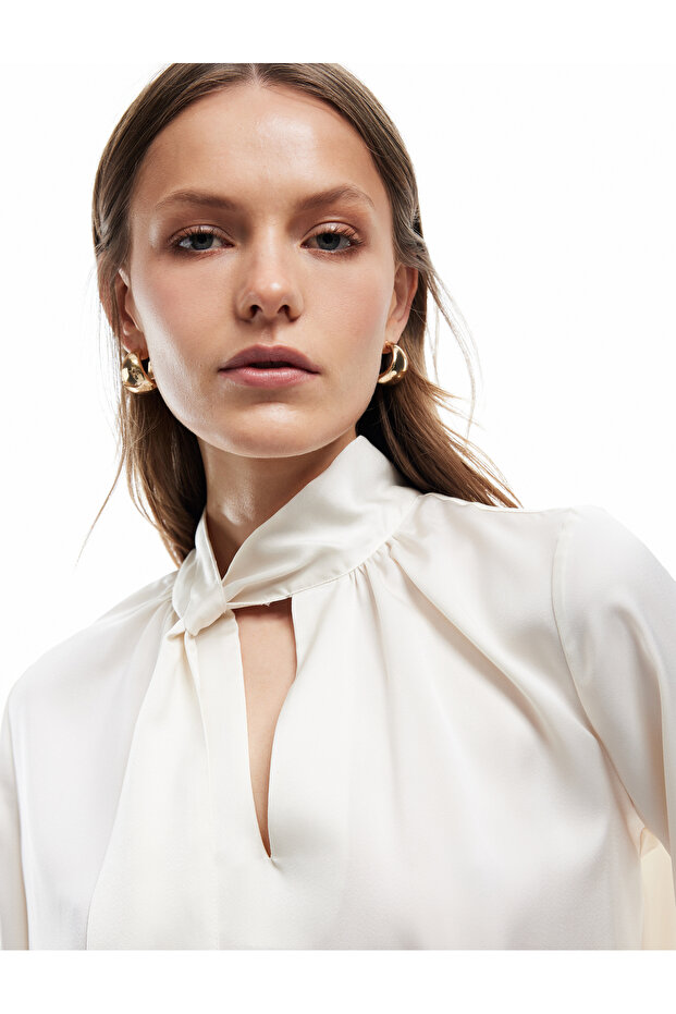 Long Sleeve Tie-Detail Scarf Neck Satin Blouse