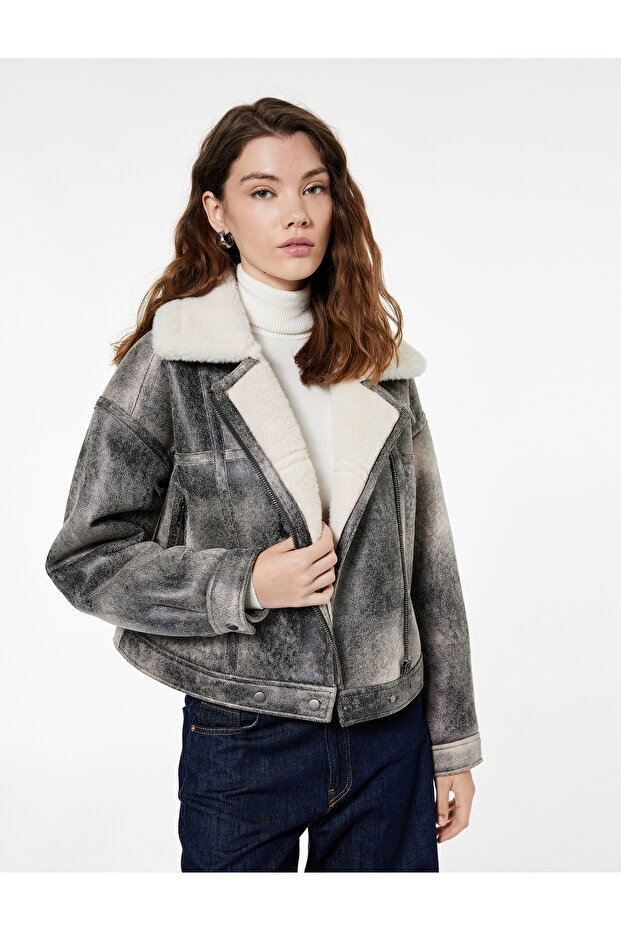 Zippered Distressed Suede Look Crop Biker Jacket with Pockets and Faux Fur Inside