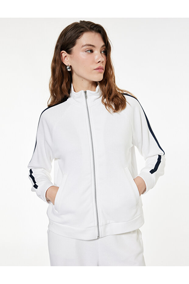Long Sleeve Stand Collar Zippered Sweatshirt with Three Thread Stripe Detail