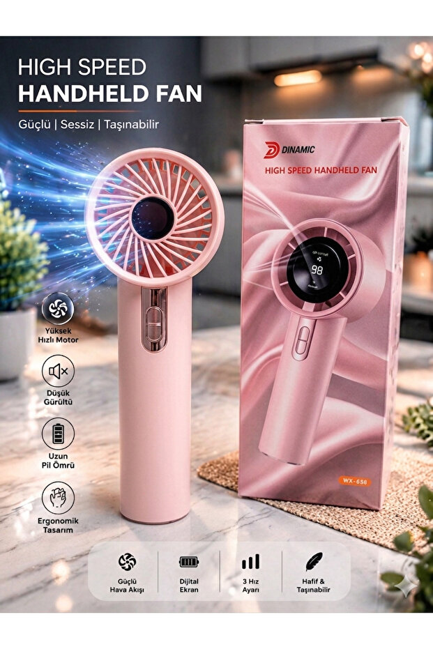 SUPER JVS Mini Klima El Fanı Led Ekranlı Taşınabilir Şarjlı Hız Göstergeli Asmalı Serinletici El Fanı Pembe
