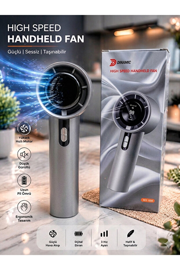 SUPER JVS Mini Klima El Fanı Led Ekranlı Taşınabilir Şarjlı Hız Göstergeli Asmalı Serinletici El Fanı Gri