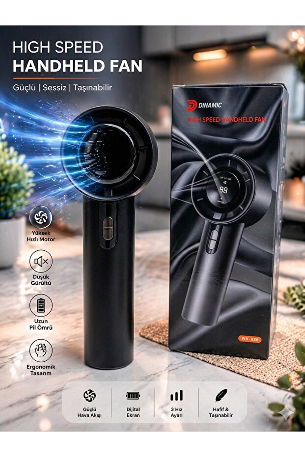 SUPER JVS Mini Klima El Fanı Led Ekranlı Taşınabilir Şarjlı Hız Göstergeli Asmalı Serinletici El Fanı Siyah
