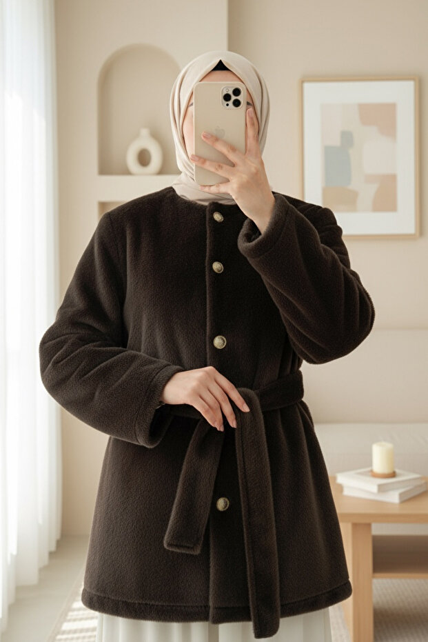 Buttoned Waist-Tie Fur Jacket -K. Coffee