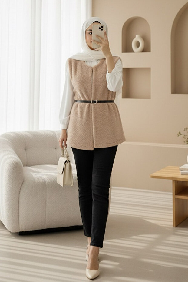 Beli Belted Double Pocket Lined Plush Vest -Beige