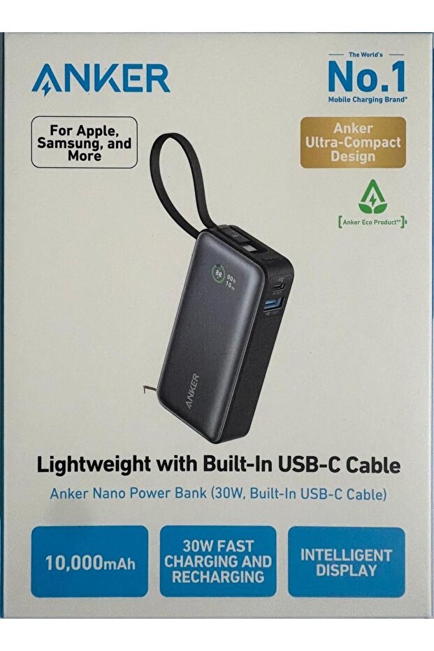 باور بانك أنكر نانو 30 وات، كابل USB-C مدمج 10000mAh - أسود