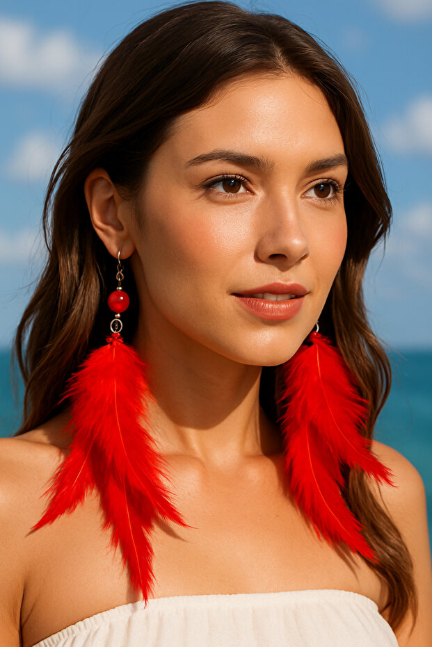 Red Feather Earrings with Glass Bead Detail - Boho Style Long Earrings