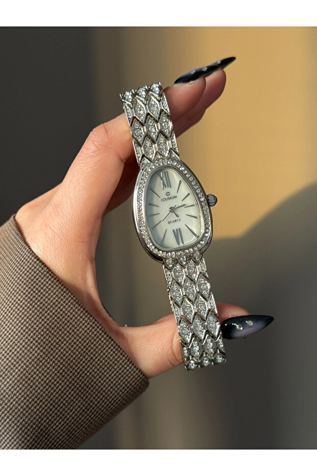 Silver White Dial Stone Wristwatch