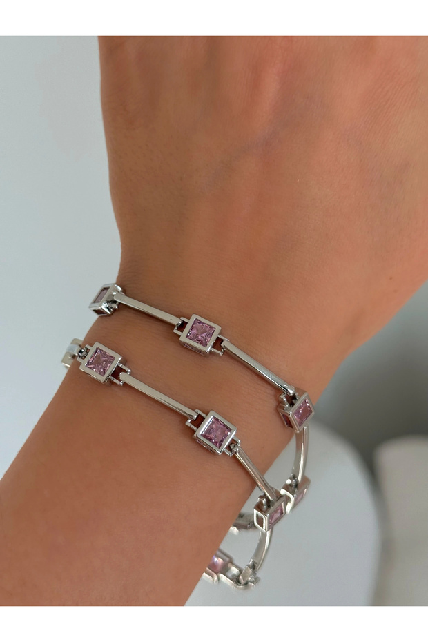 Steel Silver Pink Square Stone Bracelet