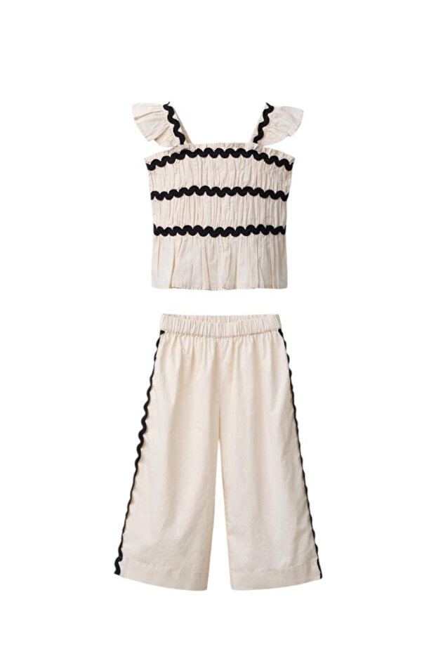 La Ciel Paris Girls Zigzag Patterned Blouse and Trousers Set Ecru