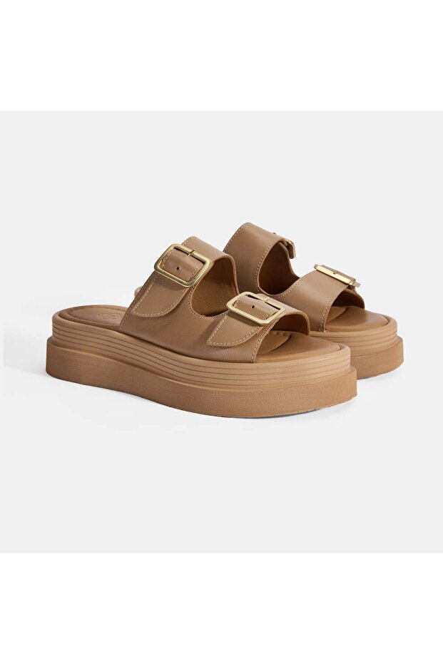 Women's Tan Adjustable Buckle Slippers