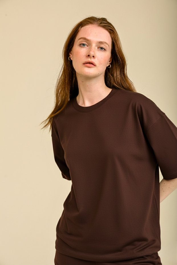 Women's Oversize Crew Neck Thick Textured Dark Brown 100% Cotton Basic T-Shirt