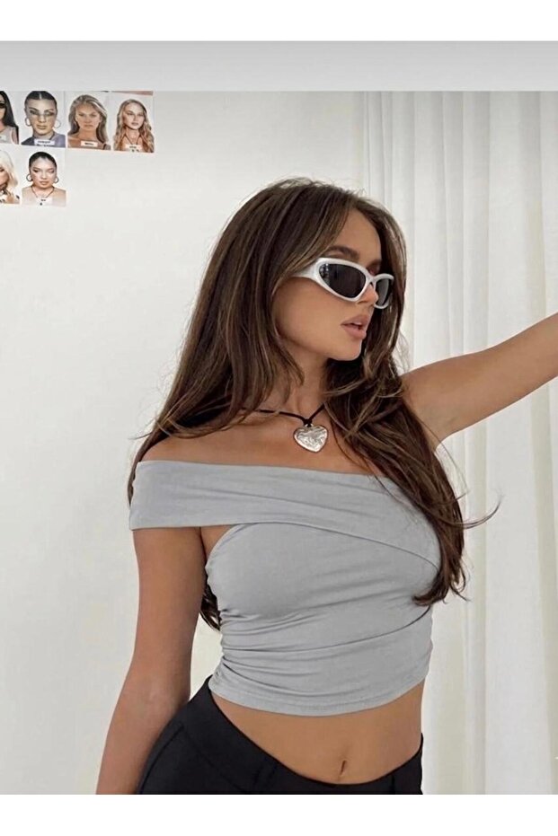 Cross Collar Madonna Collar Crop Top Stretchy Sandy Blouse