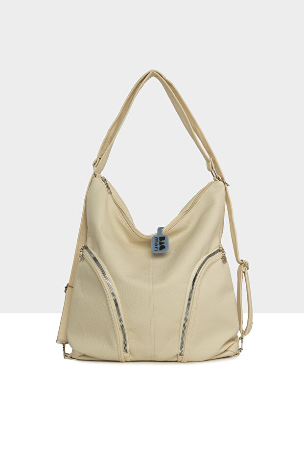 Cream Women's Soft Textured Double Side Zipper Bag with Straps and Back Strap M000008706