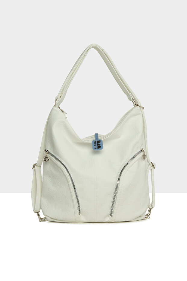 White Women's Soft Textured Double Side Zipper Bag with Straps and Back Pockets M000008706