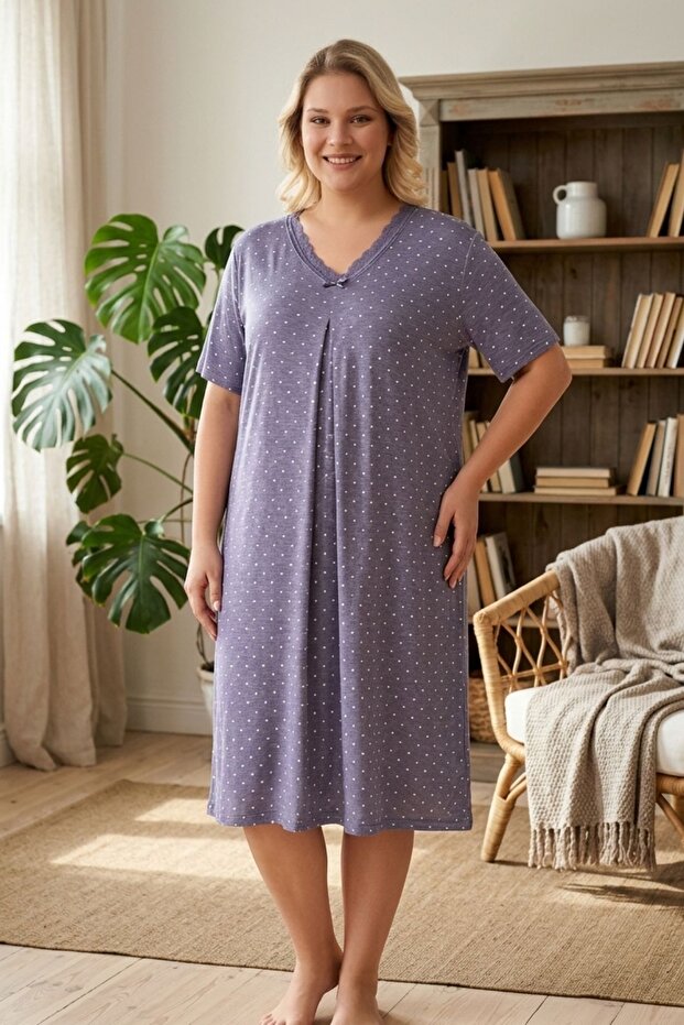 Large Size Viscose Elastane Fabric Lace Short Sleeve Patterned Nightgown / Purple 12105