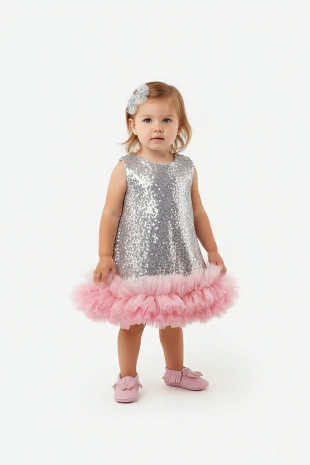 Silver Ruffle Detailed Sequined Baby Girl Dress - Dakota