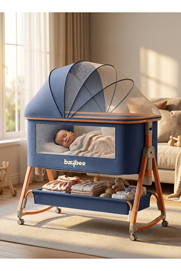 3 in 1 Baby Cradle,Baby Bedside Crib With 6 Height Adjustable Baby Bed, Foldable Bassinet (Navy)