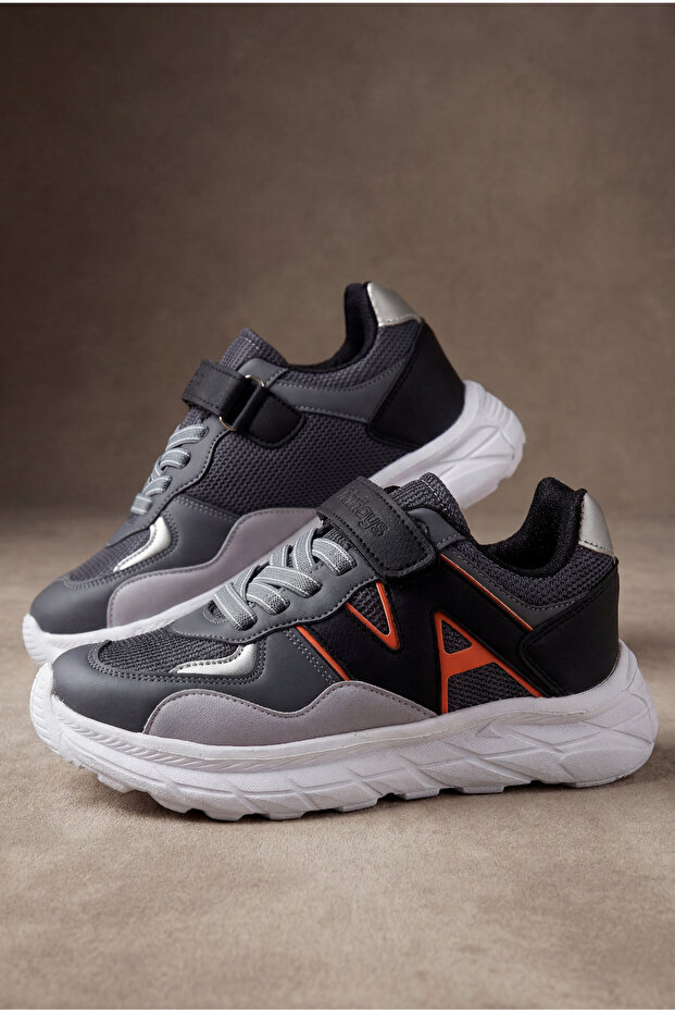 Tonny Black Çocuk Unisex Füme Siyah Rahat Kalıp Cırtlı Bağcıklı Sneaker