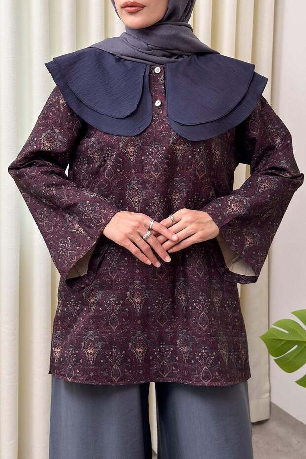 Retro Patterned Oversized Tunic 0042 - Mürdüm