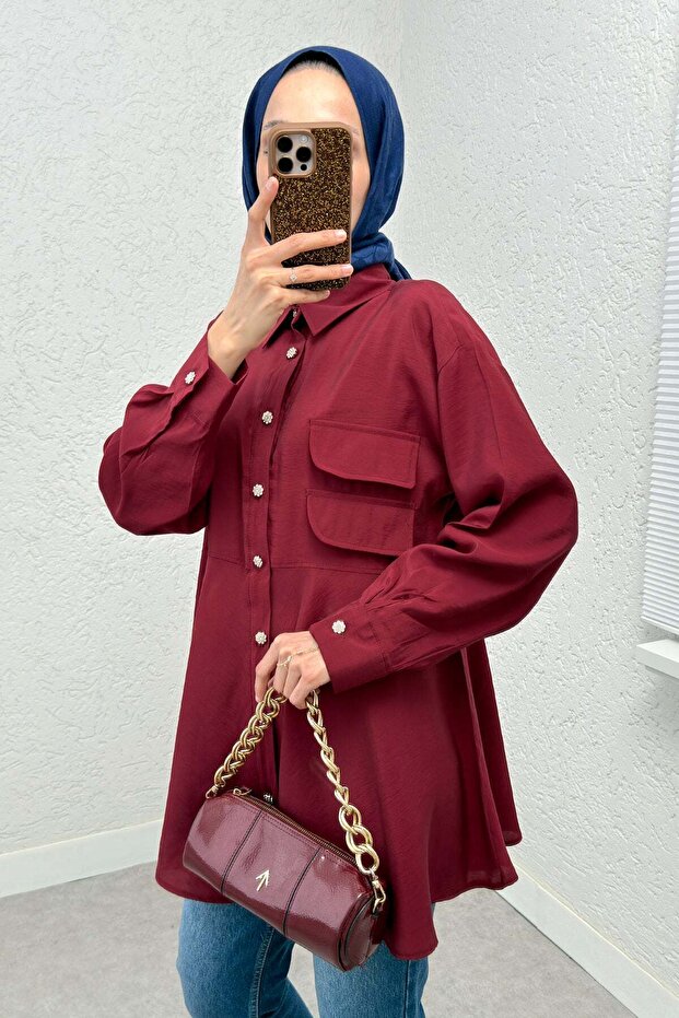 تونيك طويل بغطاء مزدوج 2277 - أحمر كلاريت