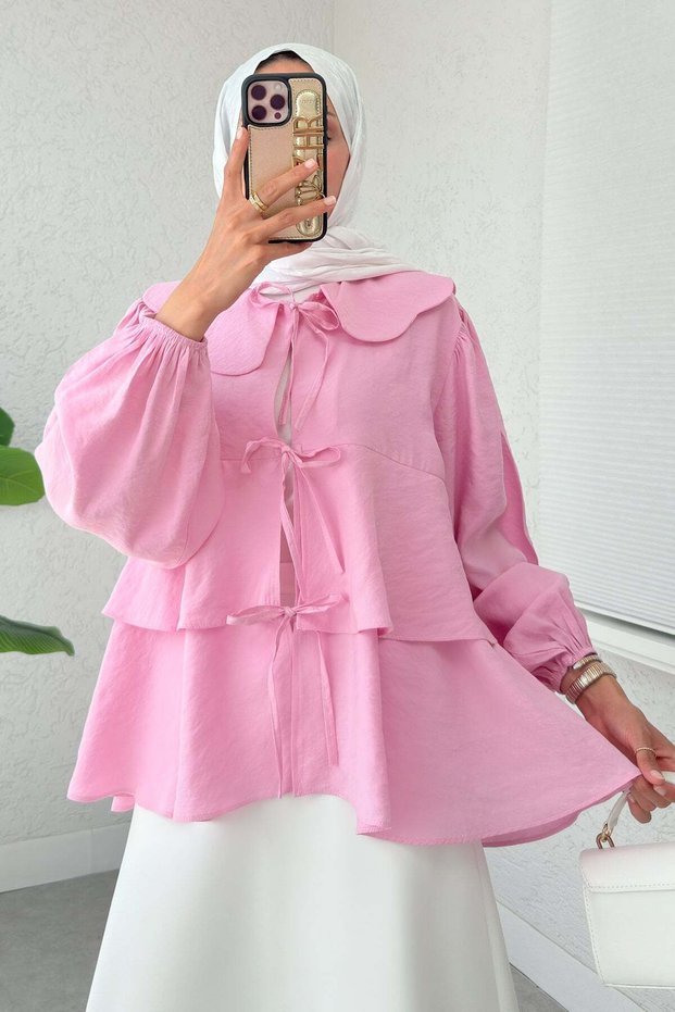 Balloon Sleeve Baby Collar Tunic 2370 - Pink