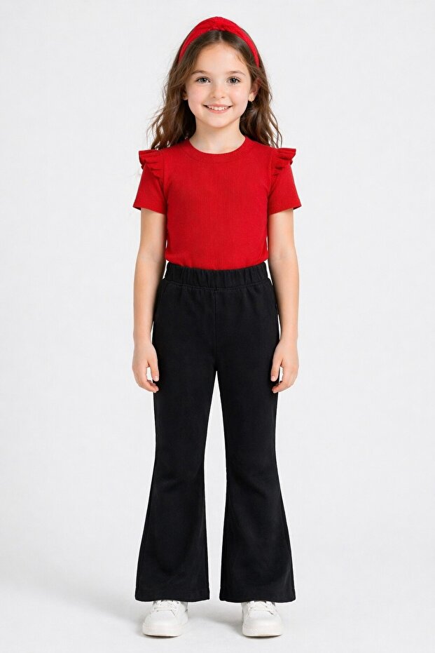 Stretchy Ribbed Black Spanish Leg Tights and Red Short-sleeved Shoulder Ruffle Blouse + Bandana 3-Piece Set
