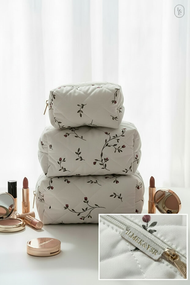 Luxury White Quilted Floral Pattern 3-Piece Makeup and Cosmetic Bag Set