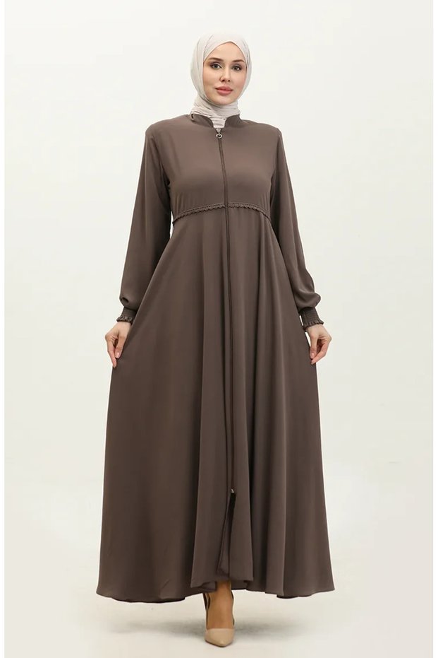 Lace detailed mevlana abaya 5069-08 milky coffee