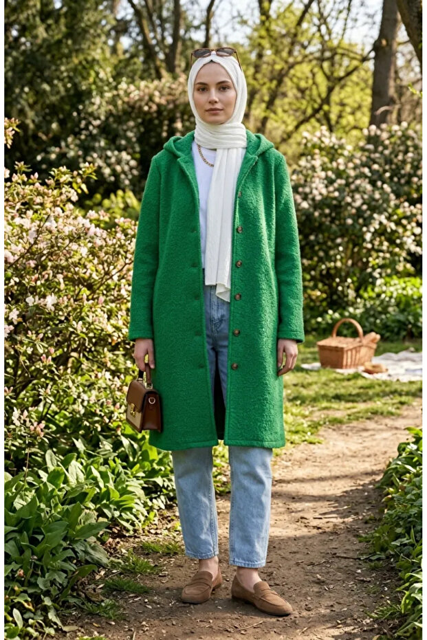 Hooded Buttoned Winter Cap 2251-03 Green
