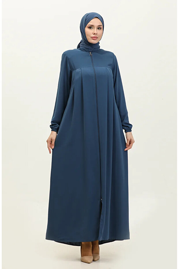 Pleated Zippered Abaya 5004-05 Petrol