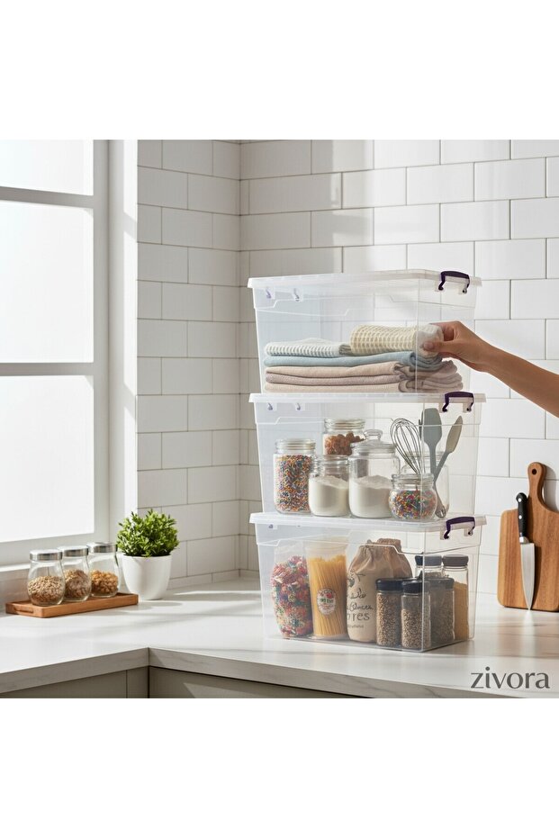 Set of 3 30 Liter (30X3) Horizontal Food Storage Containers with Plastic Locking Lids Kitchen Interior-Exterior Organizer
