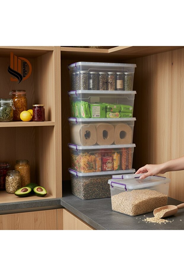 Set of 5 20 Liter (20X5) Horizontal Food Storage Containers with Plastic Locking Lids Kitchen Interior-Exterior Organizer