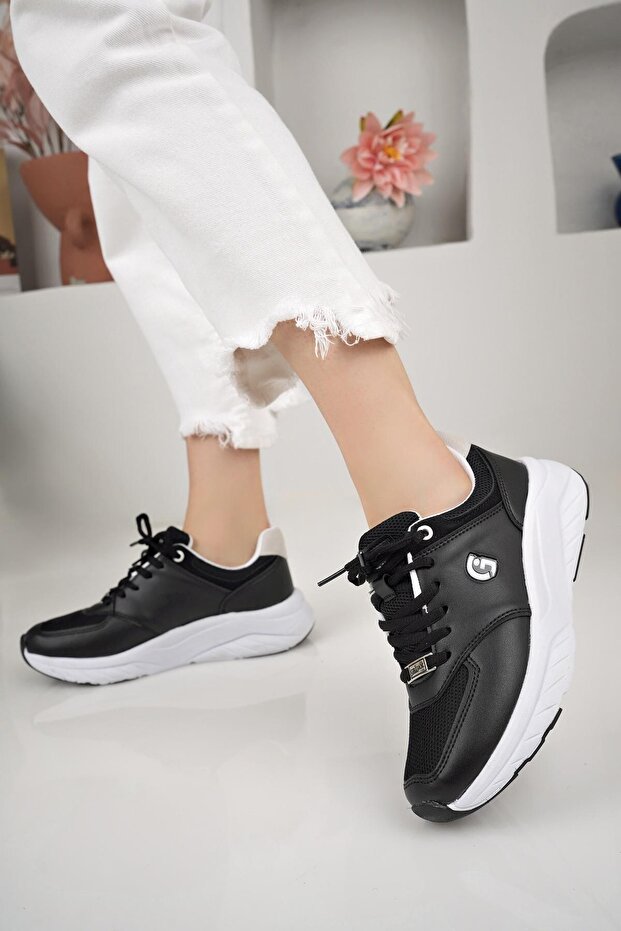 Orthopedic Comfort Women's Sneakers - Lace-Up Sneakers, Black/White