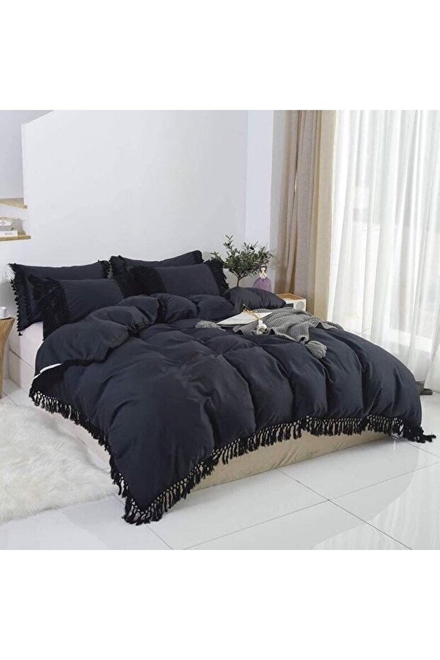 King Size Hand Knitted Tassel Fringed Black Duvet Cover Set