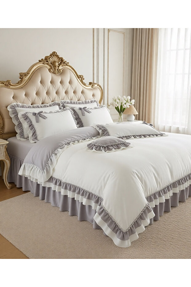 Frilly Oversize Cream and Gray Cotton Satin Duvet Cover Set