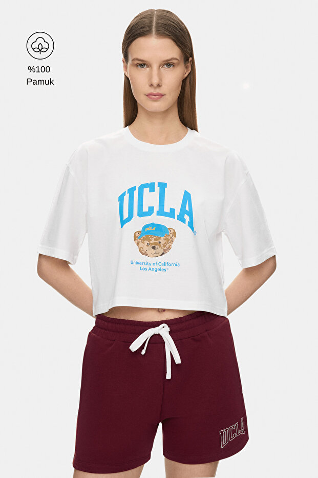 Carly White Crew Neck Crop Printed 100% Cotton Loose Fit Women's Tshirt