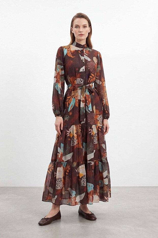 Women's Patterned Long Dress – 12684Elb - Brown