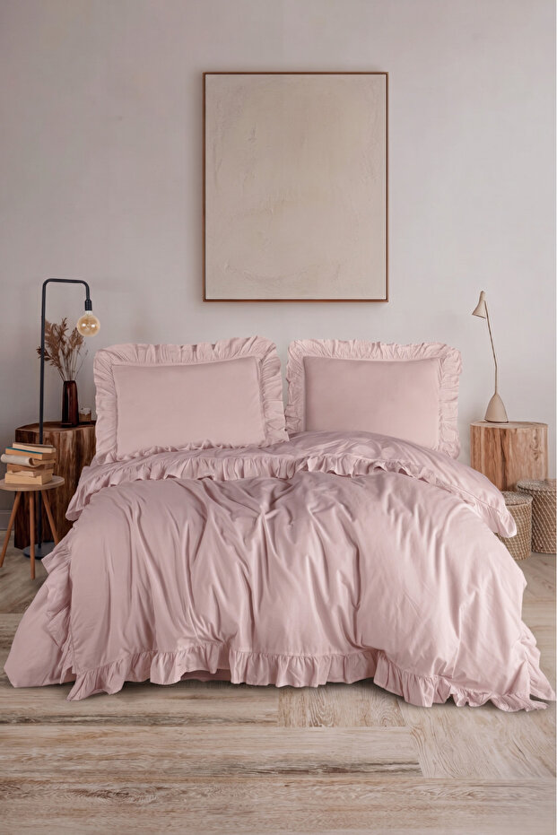 100% Cotton Natural Double Ruffle Duvet Cover Set - Soft and Breathable Fabric