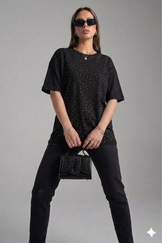 Women's crew neck short sleeve diamond pattern knit blouse with stone embellishments 4193