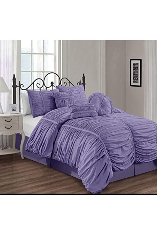 Lilac Color Cotton Satin Gathered Duvet Cover Set