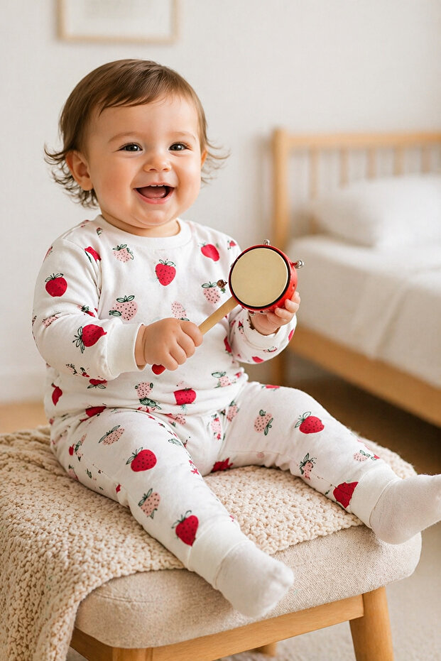 Baby Girl Strawberry Patterned Organic Cotton Double Set Long Sleeve Top and Bottom Set (0–24 Months)