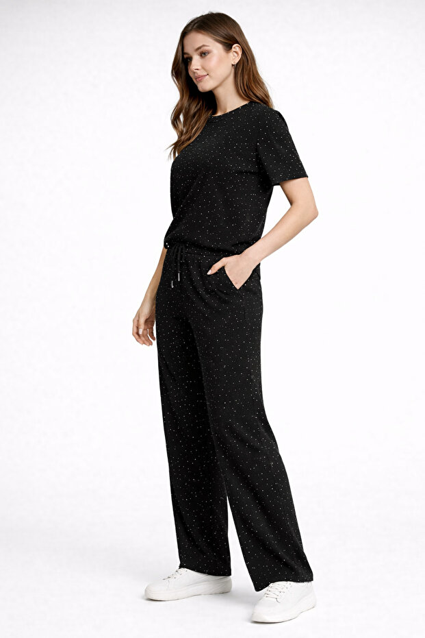 Women's Stoned Short Sleeve Elastic Waist Tie-Detail Two-Piece Set Ksd-8636