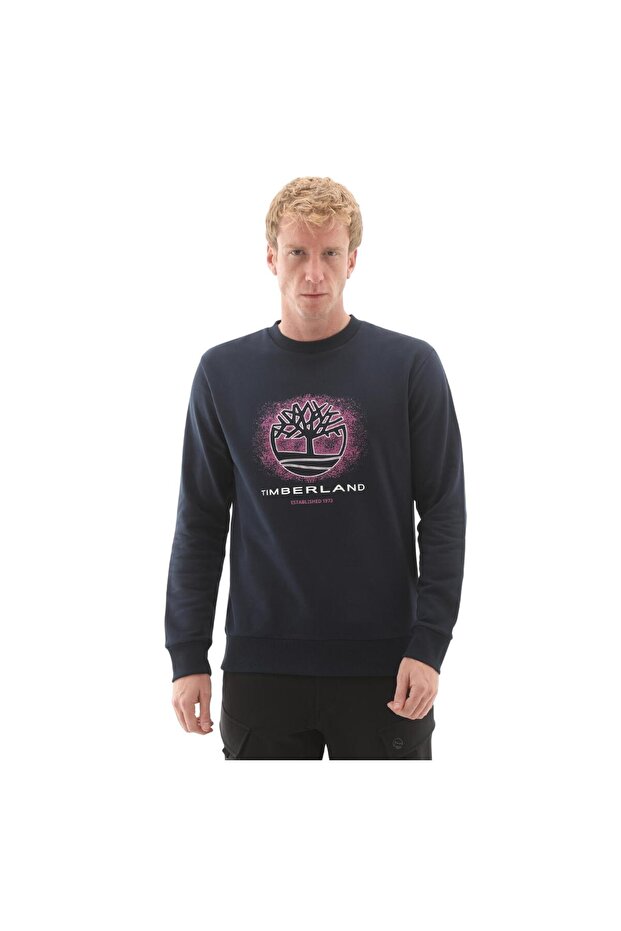 B0A5Mc74331-R Front Seasonal Tree Logo Graphic Crewnec Men's Sweatshirt Navy Blue